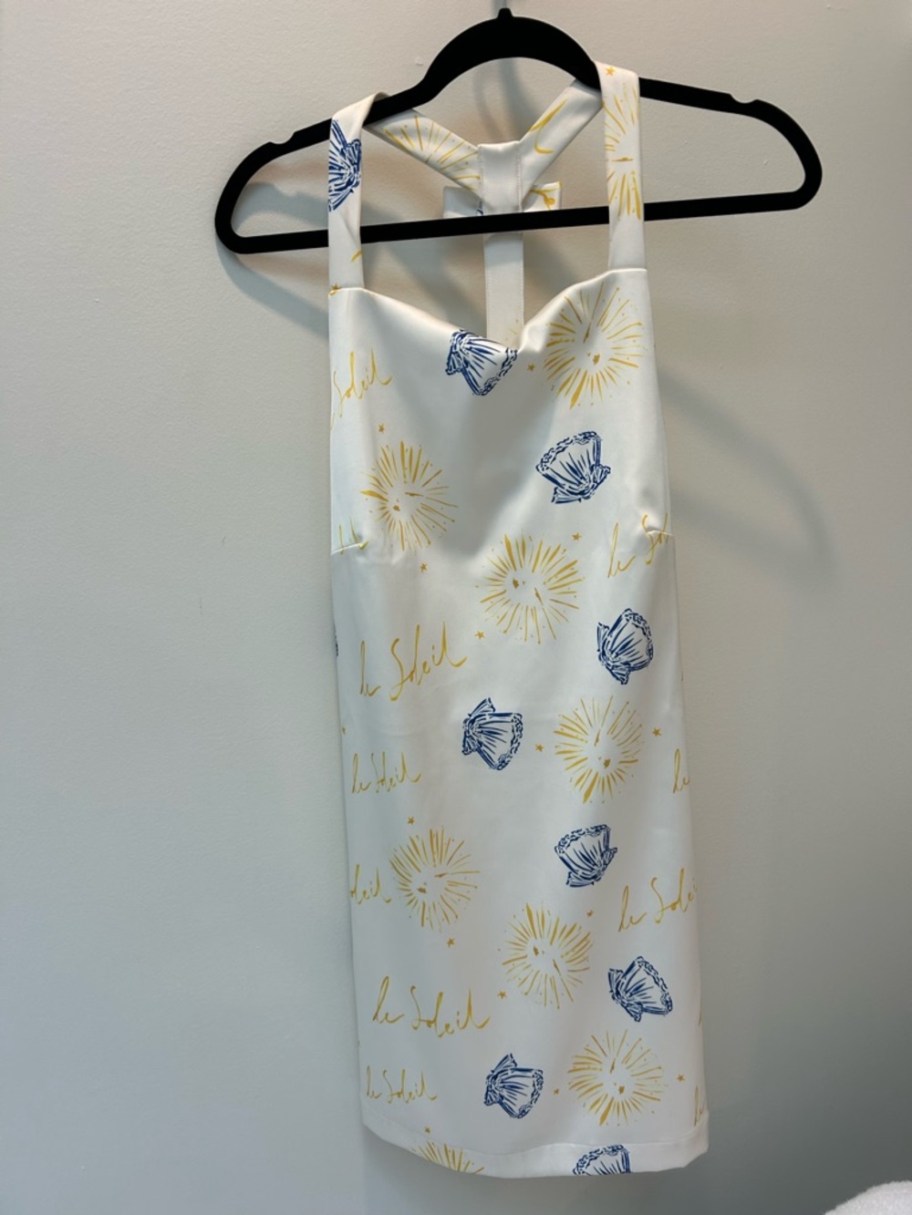 Maeve White Halter Dress with Blue Shells and Gold Sunbursts
